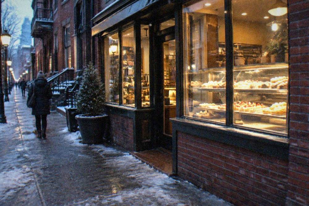 Historic brick bakery storefront with a cannoli display case lit from inside