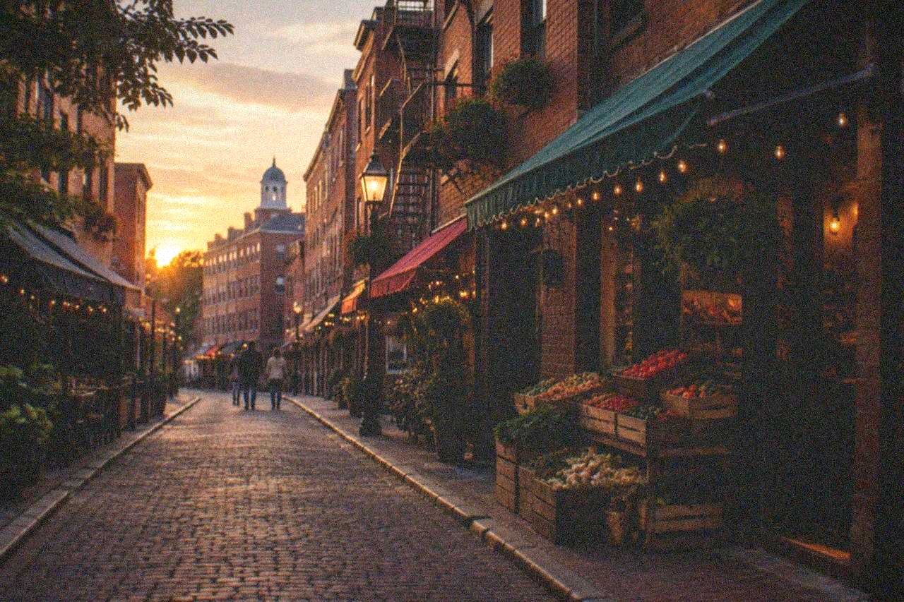 Narrow brick street in Boston's North End lined with old Italian storefronts and hanging signs