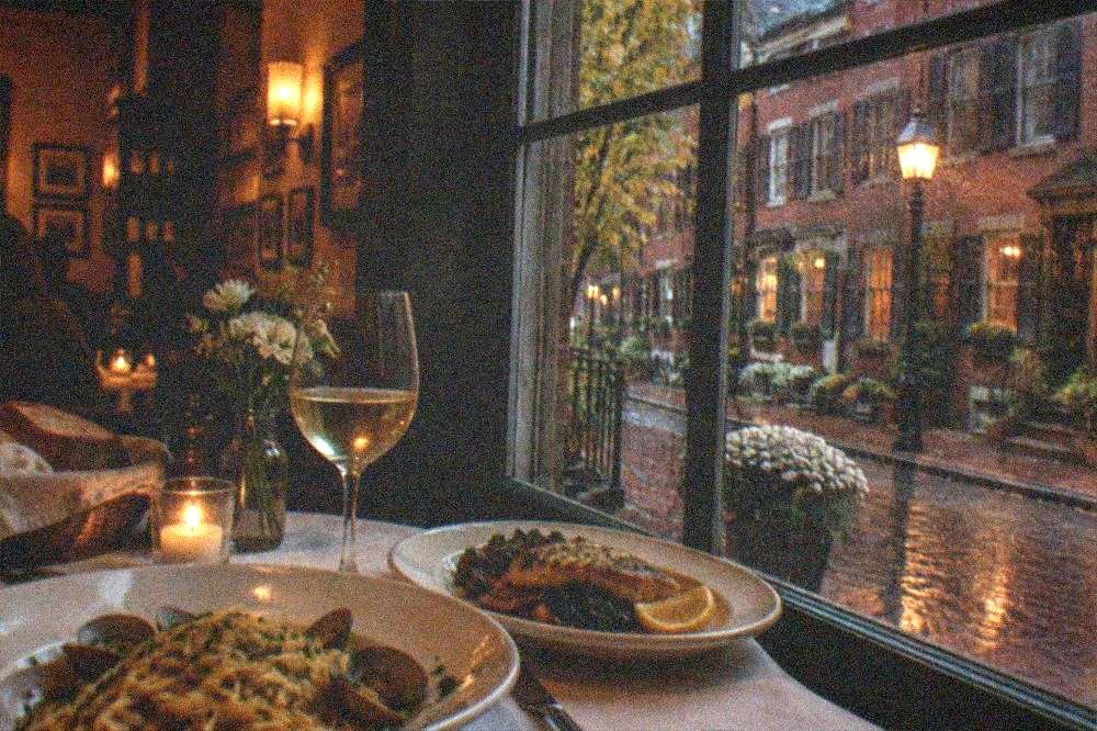 Plates of pasta and seafood arranged on a table in a warmly lit Italian dining room