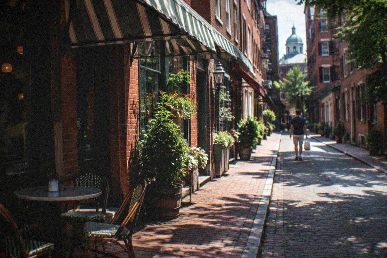Hanover Street in the North End lined with Italian bakeries and restaurants in warm weather