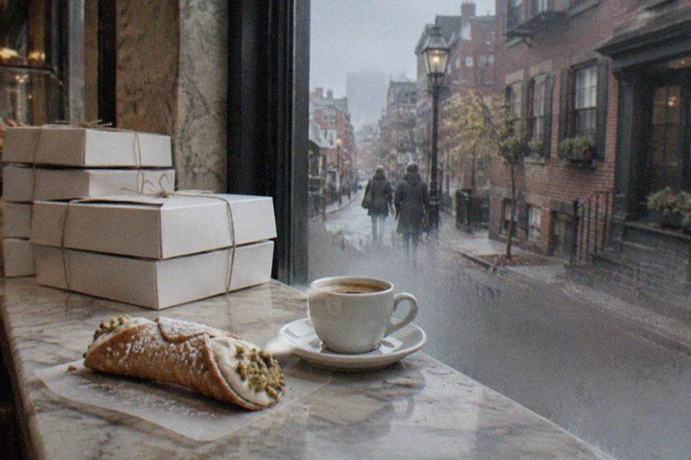 A cannoli and a cup of espresso on a marble bakery counter with string-tied pastry boxes stacked behind