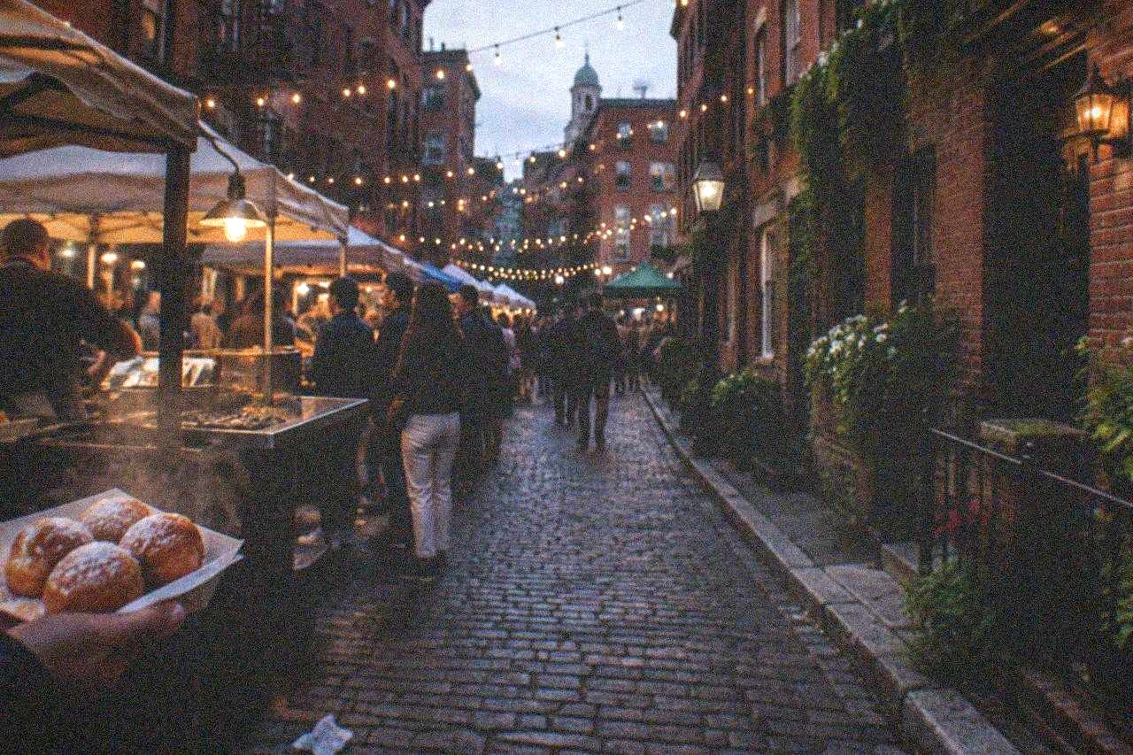 String lights and food stalls lining a narrow North End street during a summer feast