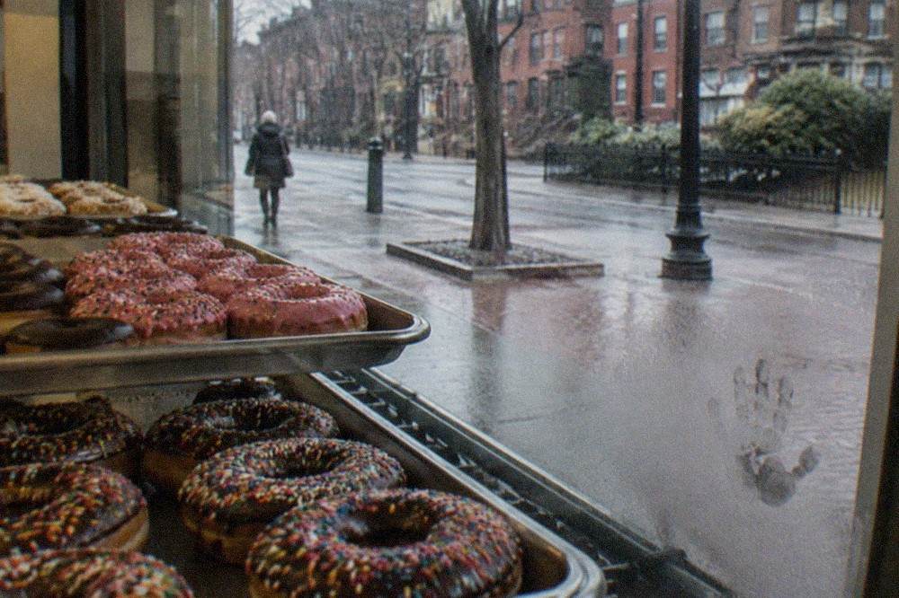 a tray of colorful sprinkled donuts in a bakery display case