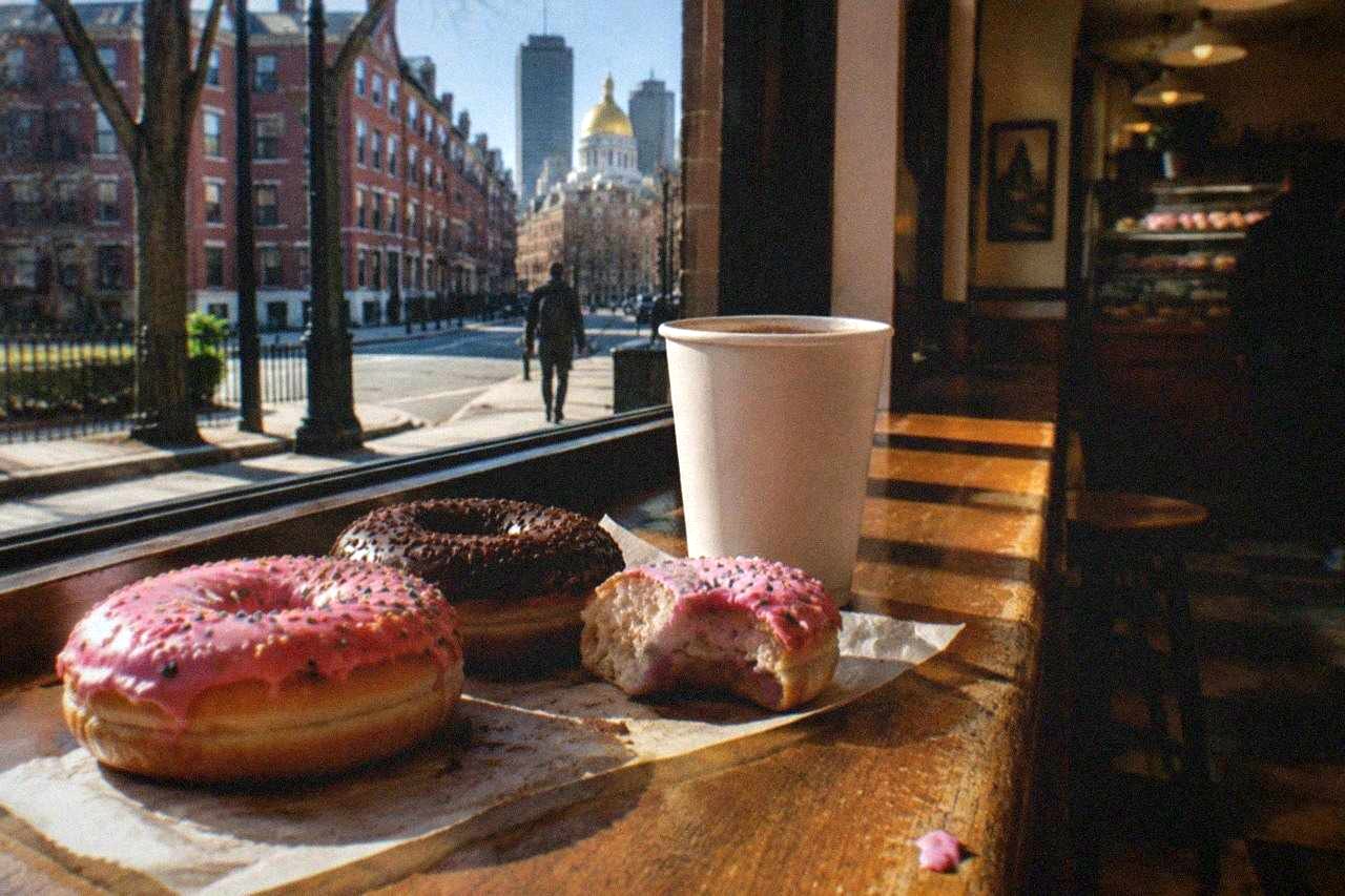 assorted frosted donuts and a cup of cider on a wooden counter in downtown Boston