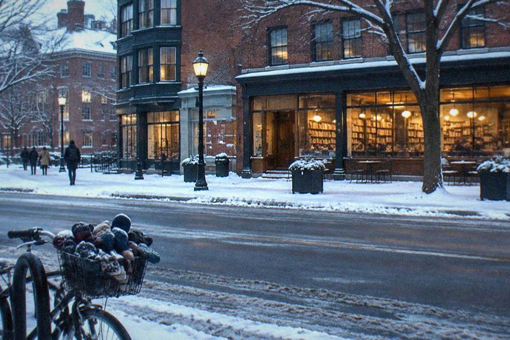 Bookstore and cafe storefronts around Harvard Square in Cambridge