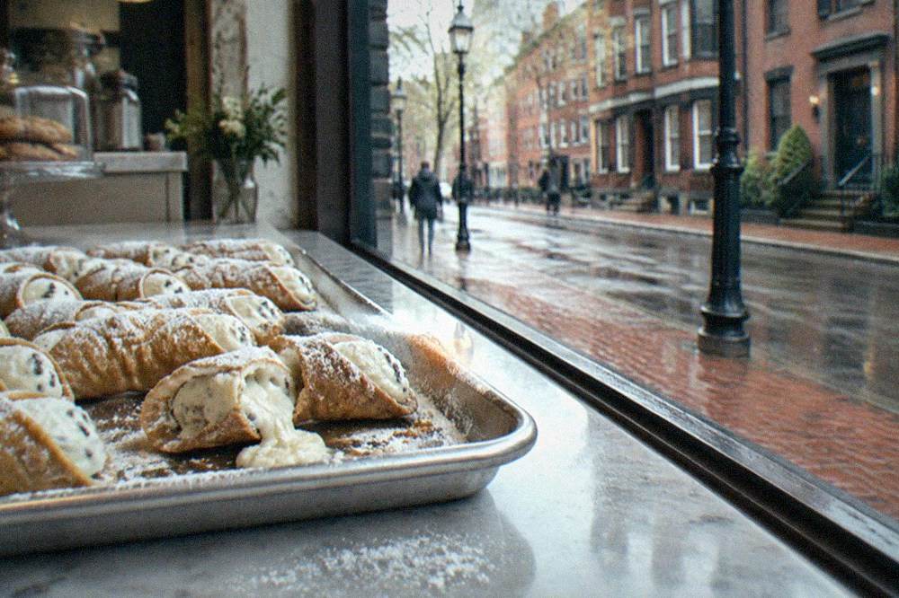 A tray of cannoli dusted with powdered sugar on a marble bakery counter