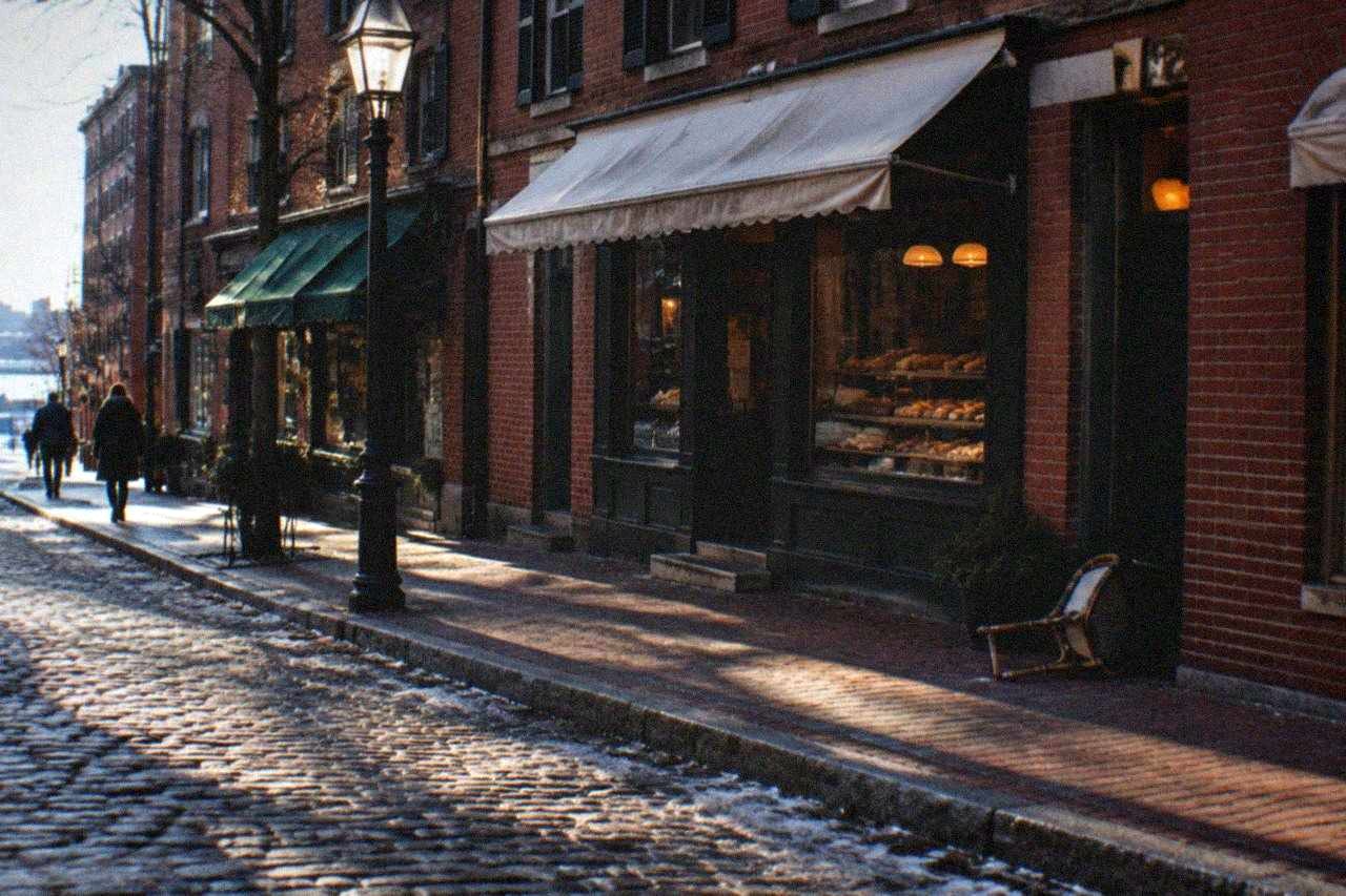 A quiet Hanover Street corner in the North End with Italian bakery storefronts and cafe awnings