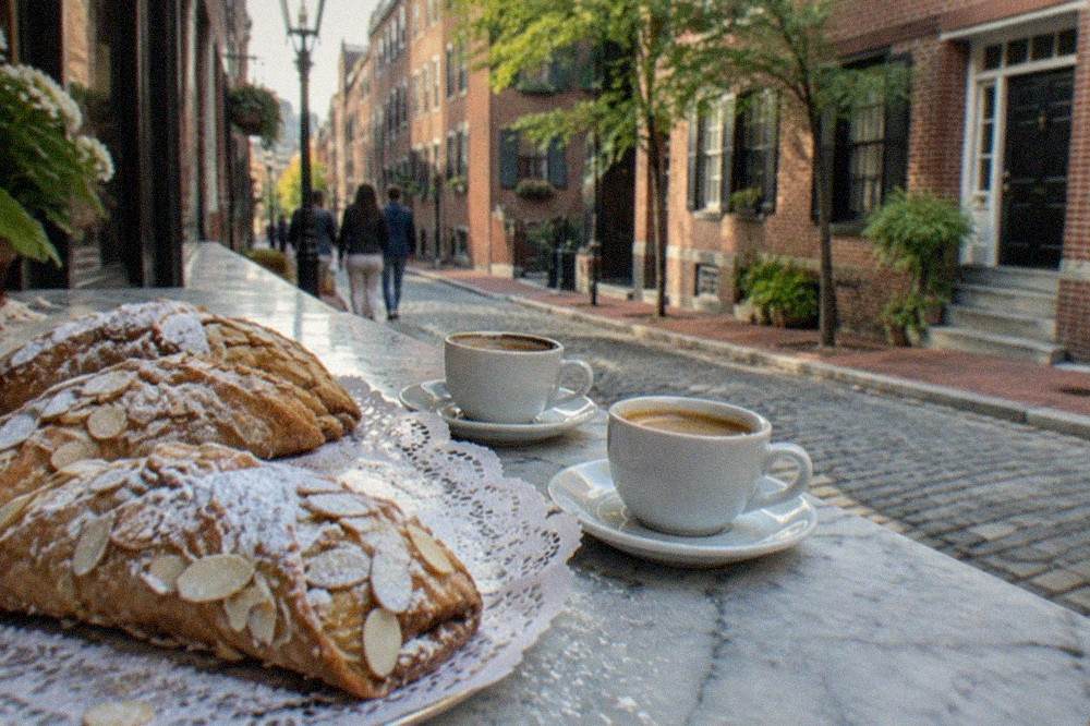 Row of pastries and espresso cups on a marble bakery counter in Boston