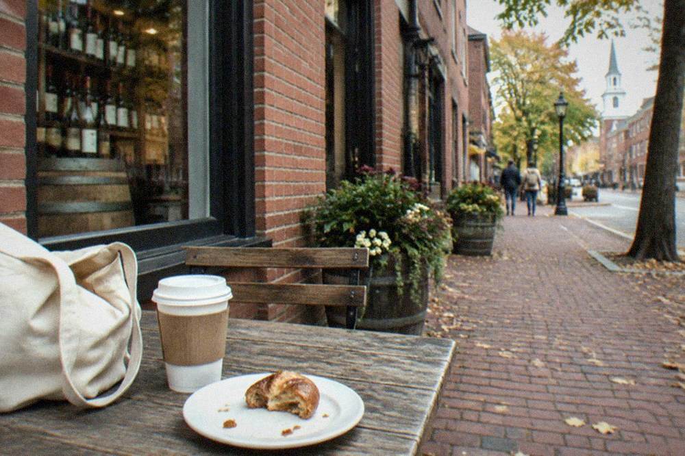 Coffee and pastry laid out on a wooden table beside a market shopping bag