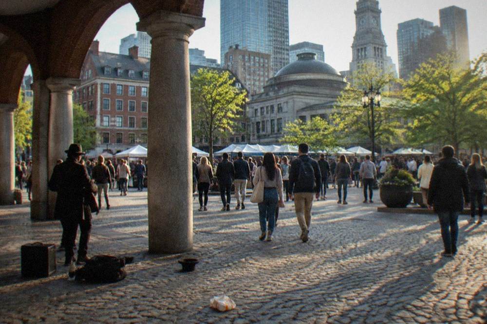 Cobblestone plaza between historic market buildings with crowds walking between the columns