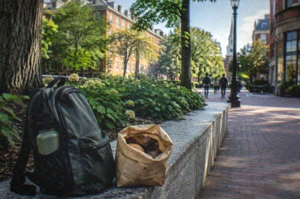 A small daypack with a water bottle and a paper bag of donuts resting on a stone wall beside a brick sidewalk