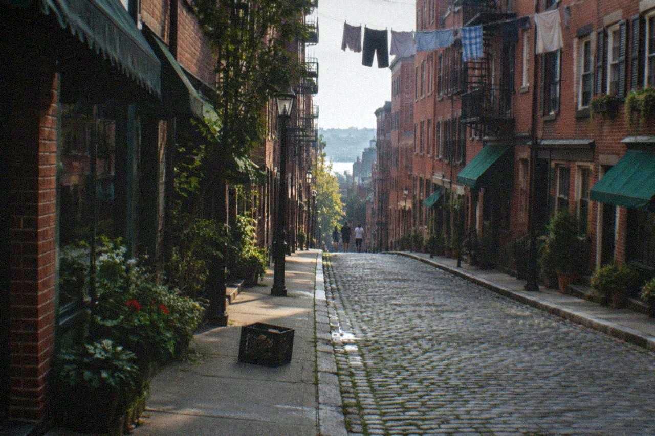Cobblestone street in Boston's North End lined with brick row houses and storefront awnings on a bright morning