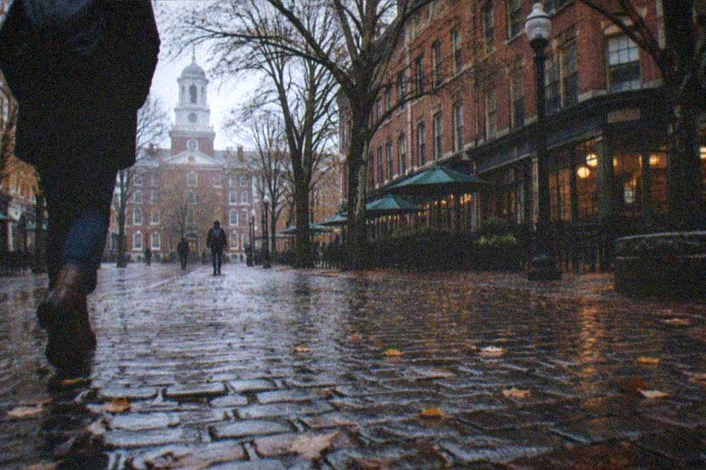 Harvard Square sidewalk with cafés and a historic storefront in the background