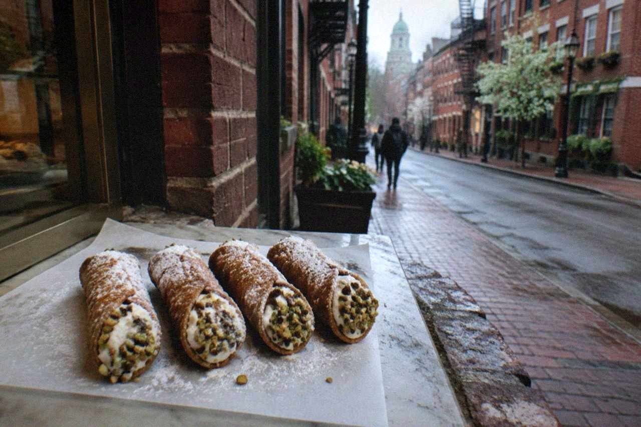 Freshly filled cannoli dusted with powdered sugar on a bakery counter in the North End