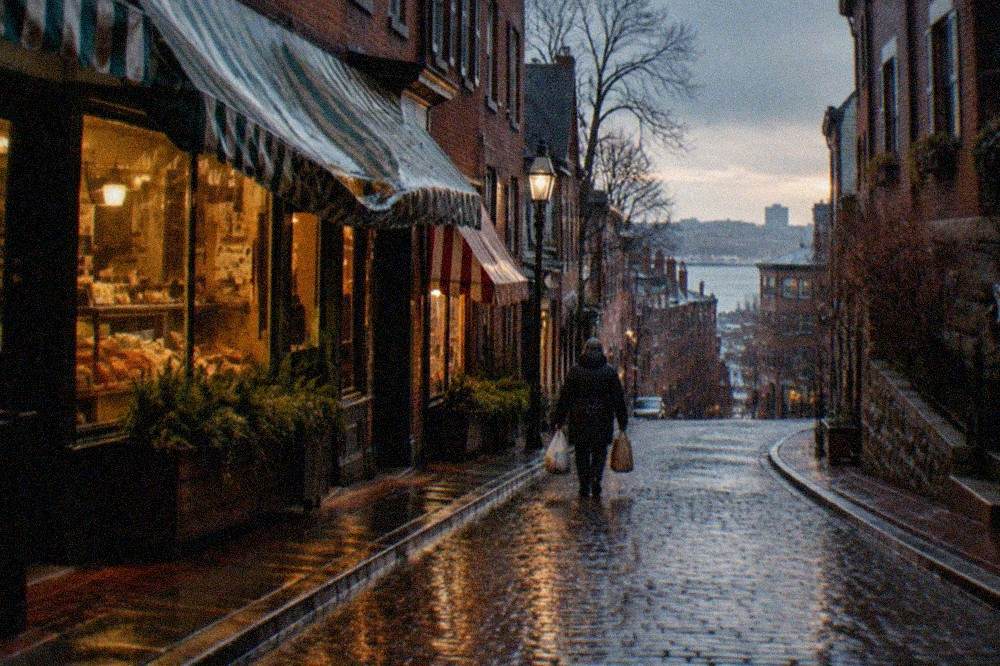 Narrow brick street in an old Boston neighborhood with storefront awnings and hanging signs