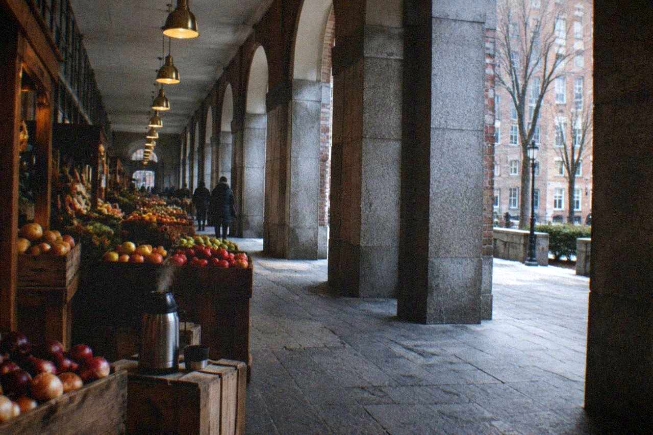 Old brick market hall with wooden vendor stalls and hanging shop signs