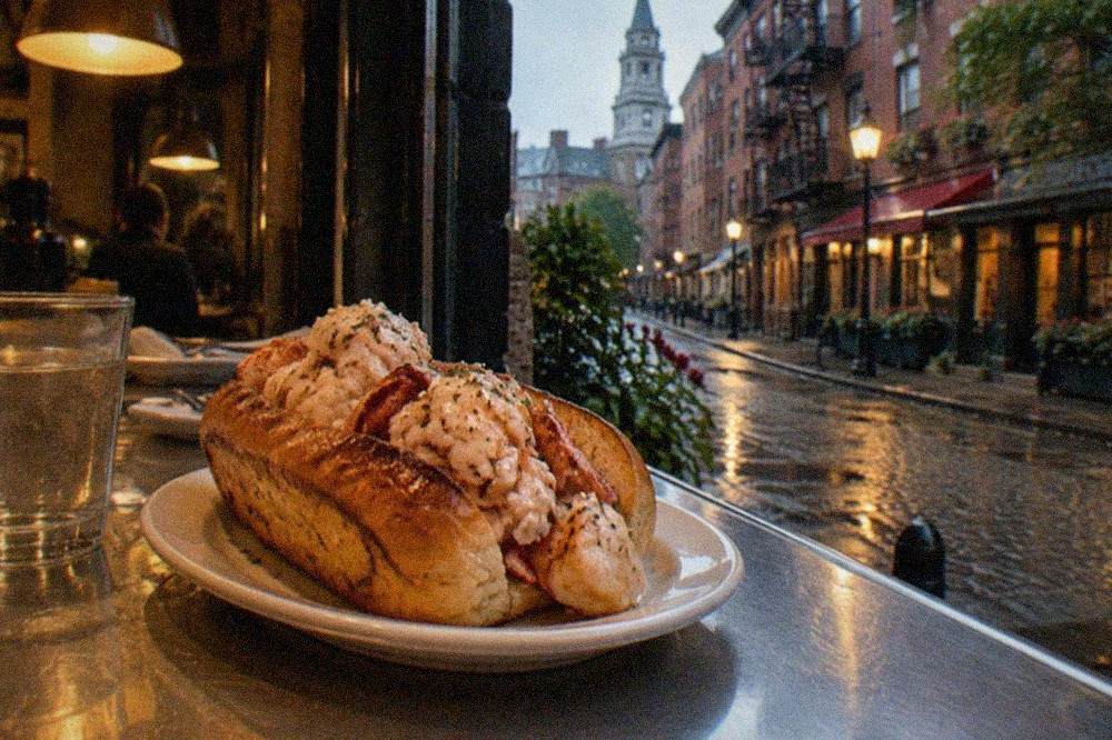 A lobster roll stuffed with large chunks of claw meat in a griddled top-split bun on a restaurant counter