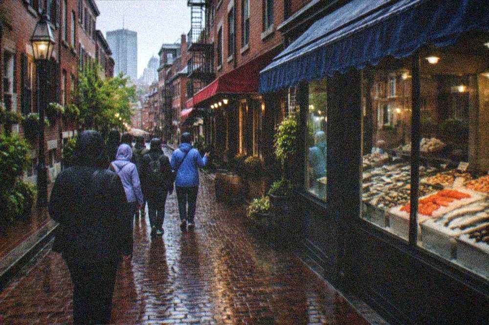 A small group of food tour walkers following a guide down a historic Boston street past seafood storefronts