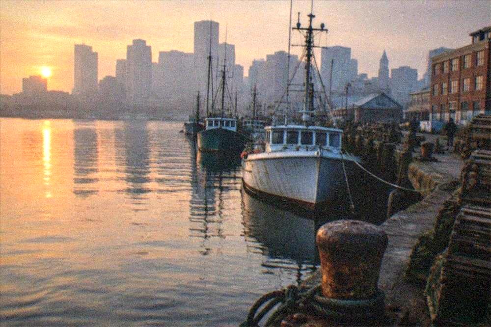 Fishing boats and industrial pier buildings along the Boston waterfront