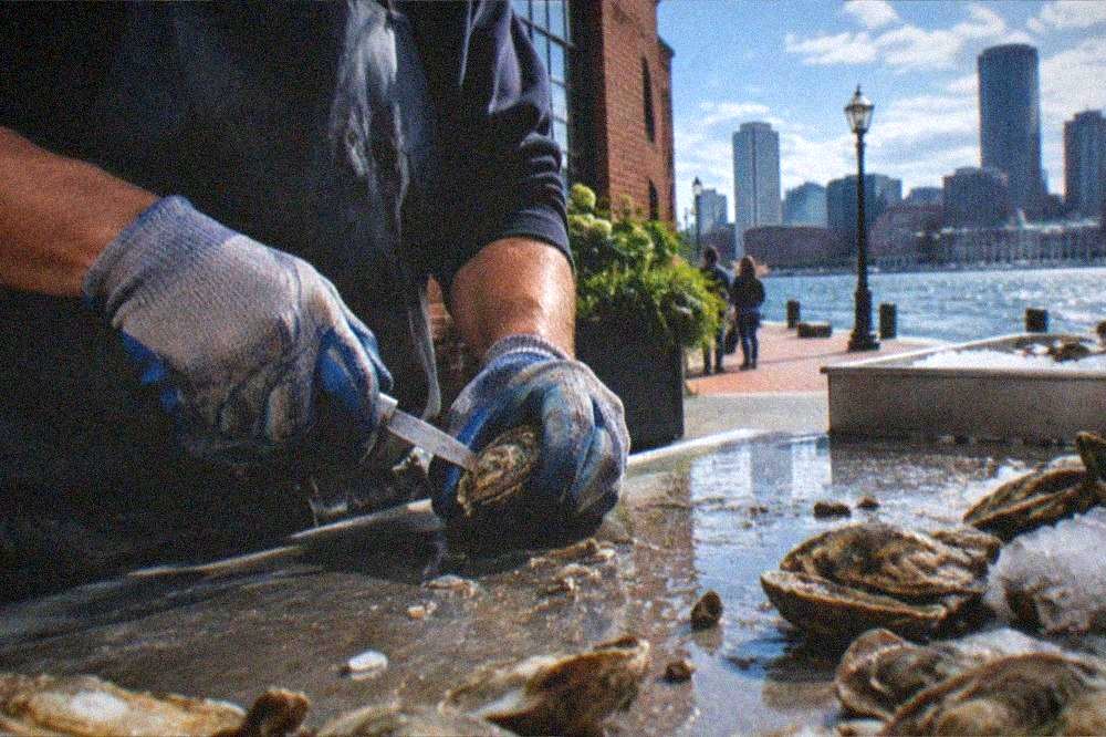 An oyster shucker opening fresh oysters at a Boston seafood bar