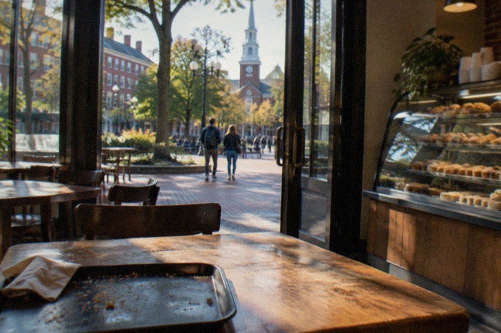 A small counter-service café with a pastry case and morning light on wooden tables