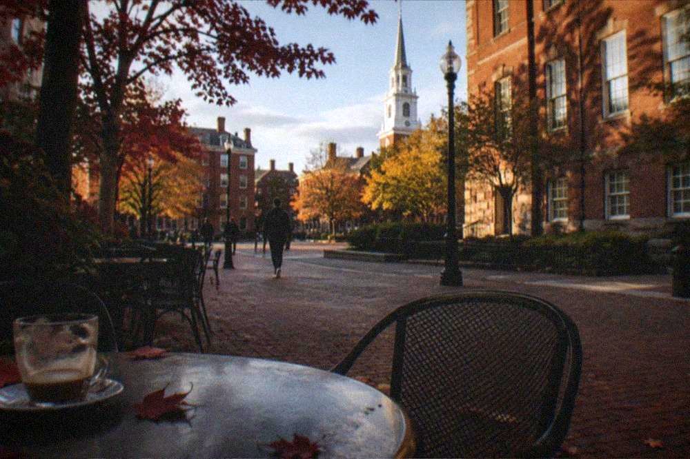 Autumn street scene with brick buildings, fallen leaves, and patio seating outside restaurants