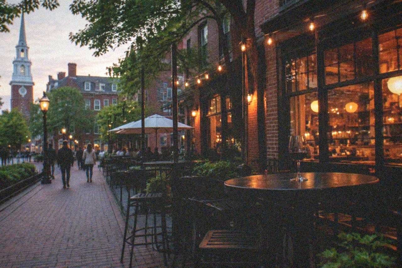 Evening view of a busy Cambridge street corner with restaurant patios and storefront lights