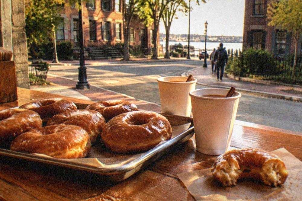 A tray of glazed donuts and cups of cider arranged on a wooden bakery counter