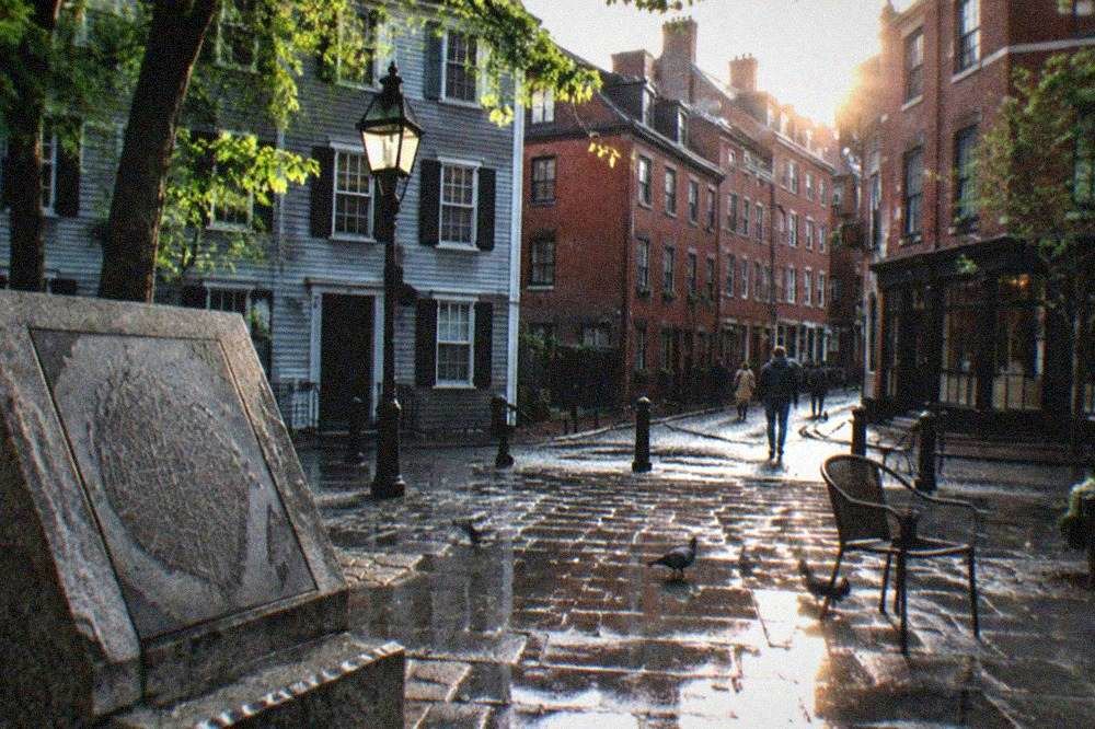A historic North End square with an Italian feast banner strung between buildings