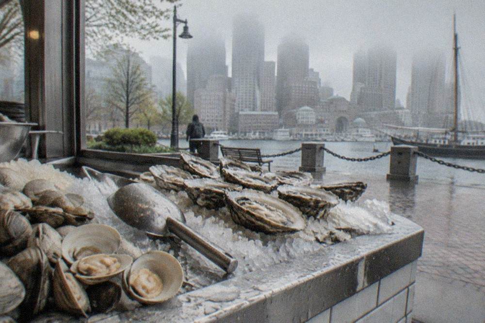 Fresh clams and oysters on ice at a Boston seafood counter